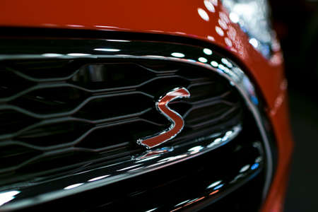 Sankt-Petersburg, Russia, July 21 2017: Front view red logo Mini Cooper S Convertible. Photo Taken on Royal Auto Show July 21のeditorial素材