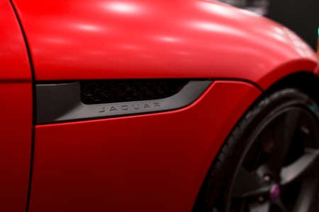 Sankt-Petersburg, Russia July 21 2017: View of a 2018 Jaguar F Type 400 Sport Convertible logo. Car exterior details. Photo Taken at Royal Auto Show July 21のeditorial素材