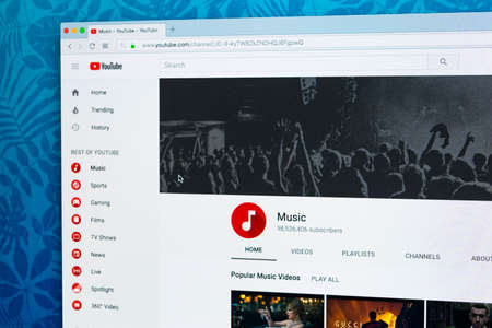Sankt-Petersburg, Russia, November 9 2017: Youtube video service on  monitor screen. Youtube.com service menu. YouTube music website homepage. YouTube is a video-sharing websiteのeditorial素材