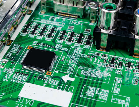 Circuitboard with resistors, microchips and electronic components. Electronic computer hardware...
