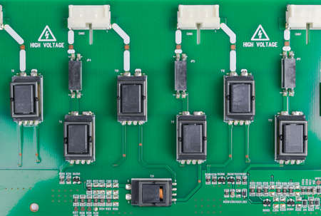 Circuitboard with resistors, microchips and electronic components. Electronic computer hardware technology. Integrated communication processor. Information engineering component. Semiconductor. PCBの写真素材