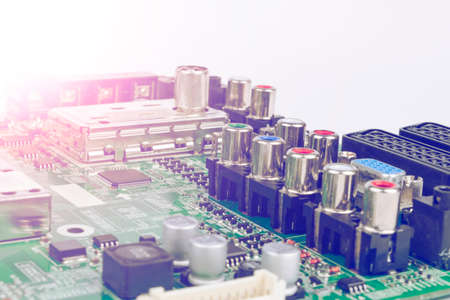 Circuit board with resistors, microchips and electronic components. Electronic computer hardware...