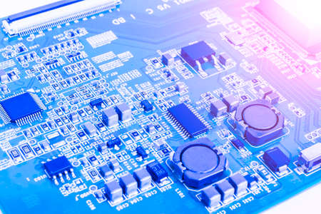 Circuitboard with resistors, microchips and electronic components. Electronic computer hardware...