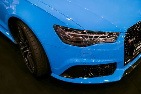 Sankt-Petersburg, Russia, July 21, 2017: Front view of a blue modern luxury blue sport car Audi RS 6...