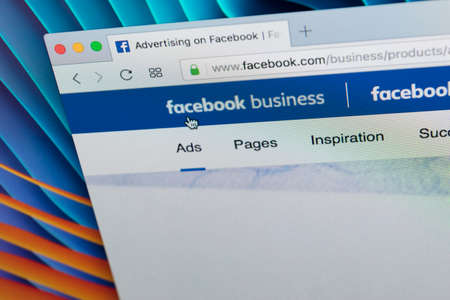 Sankt-Petersburg Russia December 7, 2017: Facebook business homepage website on Apple iMac monitor screen. Facebook is the most popular social network in the world.のeditorial素材