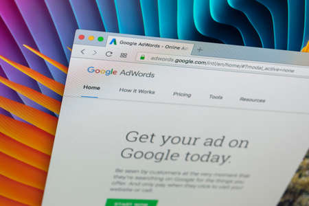 Sankt-Petersburg Russia December 7, 2017: Google Adwords homepage website on Apple iMac monitor screen. Google AdWords is online advertising service.のeditorial素材