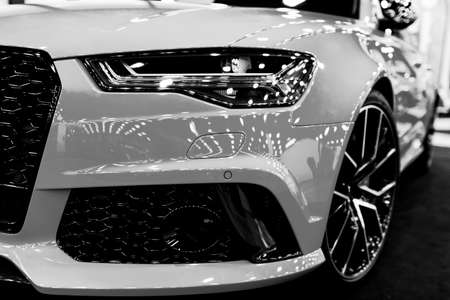 Sankt-Petersburg, Russia, July 21, 2017: Front view of a blue modern luxury blue sport car Audi RS 6 Avant Quattro 2017. Car exterior details. Black and white. Photo Taken on Royal Auto Show  July 21のeditorial素材