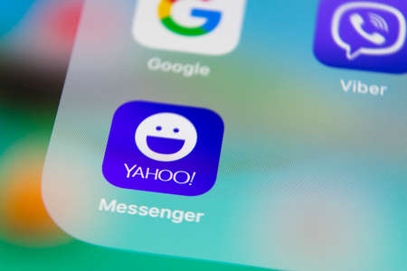 Sankt-Petersburg Russia December 13, 2017: Apple iPhone 7 with icons of social media yahoo,...