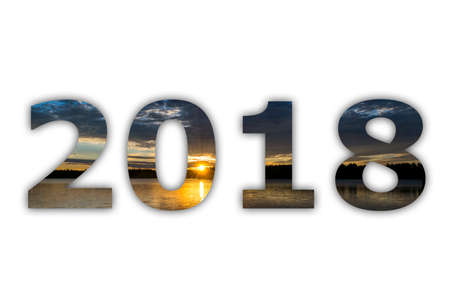 2018 numeral digits white panorama sky with sunrise on white background. Happy new year and...