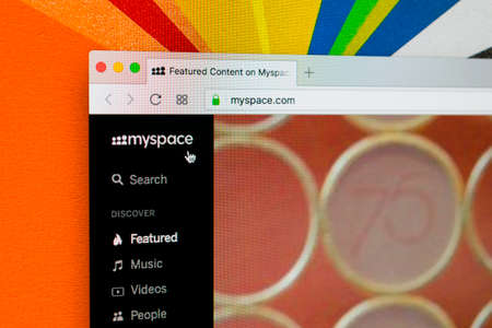 Sankt-Petersburg Russia, January 11, 2018: Apple iMac with Myspace homepage on monitor screen. Myspace is online social networking website. Homepage of Myspace.com on PC computer.のeditorial素材