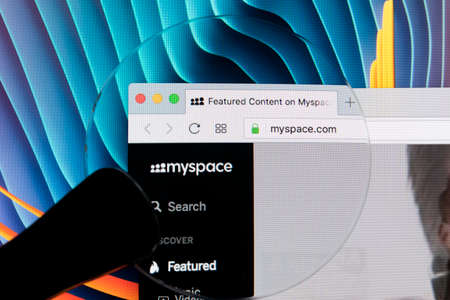 Sankt-Petersburg Russia, January 11, 2018: Apple iMac with Myspace homepage on monitor screen. Myspace is online social networking website. Homepage of Myspace.com on PC computer.のeditorial素材