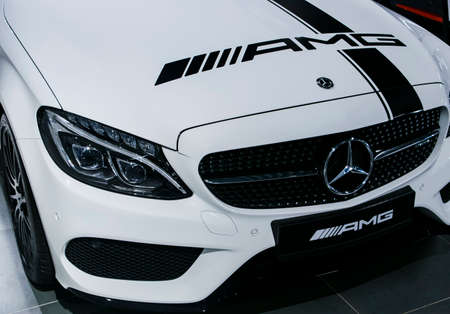 Sankt-Petersburg, Russia, January 12, 2018: Front view of a Mercedes Benz C 43 AMG 2018. Headlight...