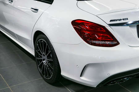 Sankt-Petersburg, Russia, January 12, 2018: Back view of a Mercedes Benz C 43 AMG 2018. Exhaust system. Car exterior details.のeditorial素材