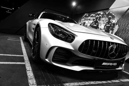 Sankt-Petersburg, Russia, January 12, 2018 : Mercedes-Benz AMG GTR 2018 V8 Biturbo exterior details, Headlight. Front view. Car exterior details. Black and whiteのeditorial素材