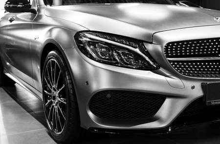 Sankt-Petersburg, Russia, January 12, 2018: Front view of a Mercedes Benz C 43 AMG 4Matic V8 Bi-turbo 2018. Car exterior details. Black and whiteのeditorial素材