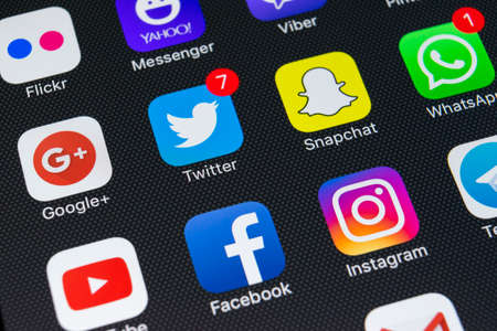 Sankt-Petersburg, Russia, February 23, 2018: Apple iPhone X with icons of social media facebook,...