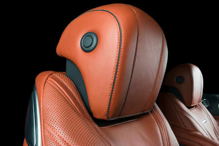 Modern Luxury car inside. Interior of prestige modern car. Comfortable leather seats. Brown...