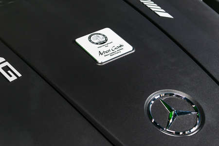 Sankt-Petersburg, Russia, January 12, 2018 : Close up of Mercedes-Benz engine AMG GTR 2018 V8 Bi-turbo exterior details. Powerful handcrafted engine.のeditorial素材