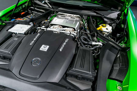 Sankt-Petersburg, Russia, January 12, 2018 : Close up of Mercedes-Benz engine AMG GTR 2018 V8 Bi-turbo exterior details. Powerful handcrafted engine.のeditorial素材