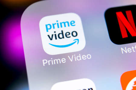 Sankt-Petersburg, Russia, March 7, 2018: Amazon Prime Video application icon on Apple iPhone X screen close-up. Google Amazon PrimeVideo app icon. Google Amazon Prime application. Social media networkのeditorial素材