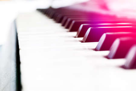 Side view of piano keys. Close-up of piano keys. Close frontal view. Piano keyboard with selective focus. Diagonal view. Piano keyboard perspective. Soft ligtingの写真素材