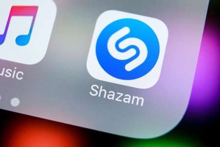 Sankt-Petersburg, Russia, March 21, 2018: Shazam application icon on Apple iPhone X screen close-up....