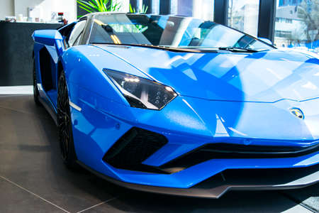 Tallinn, Estonia, April 23 2018: Front view of a new Lamborghini Aventador S coupe. Headlight. Car detailing. Car exterior detailsのeditorial素材