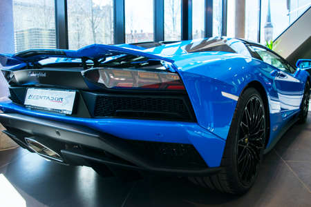 Tallinn, Estonia, April 23 2018: Back view of a new Lamborghini Aventador S coupe. Headlight. Car detailing. Car exterior detailsのeditorial素材