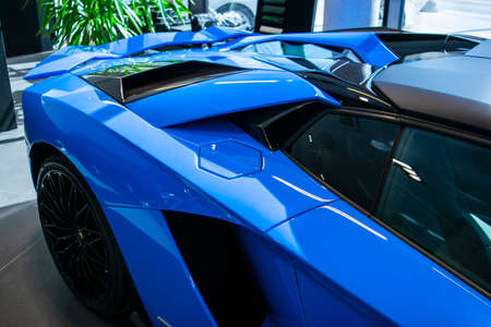Tallinn, Estonia, April 23 2018: Side view of a new Lamborghini Aventador S coupe. Headlight. Car detailing. Car exterior detailsのeditorial素材
