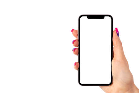 Smartphone mockup in woman hand. New modern black frameless smartphone mockup with blank white...