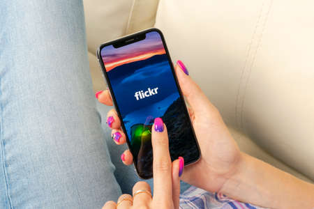 Sankt-Petersburg, Russia, May 30, 2018: Flickr application icon on Apple iPhone X smartphone screen...
