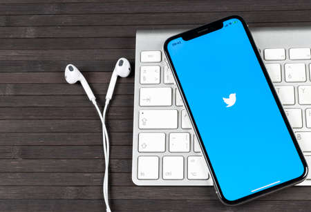 Sankt-Petersburg, Russia, June 2, 2018: Twitter application icon on Apple iPhone X smartphone screen close-up. Twitter app icon. Social media icon. Social networkのeditorial素材
