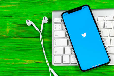 Sankt-Petersburg, Russia, June 2, 2018: Twitter application icon on Apple iPhone X smartphone screen close-up. Twitter app icon. Social media icon. Social networkのeditorial素材