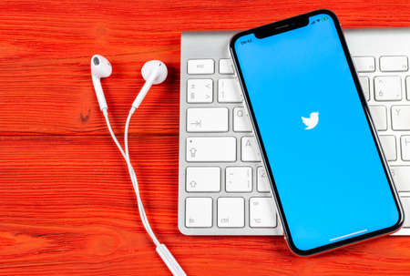 Sankt-Petersburg, Russia, June 2, 2018: Twitter application icon on Apple iPhone X smartphone screen close-up. Twitter app icon. Social media icon. Social networkのeditorial素材