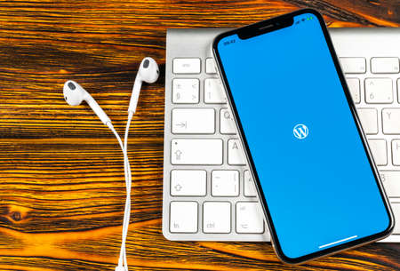 Sankt-Petersburg, Russia, June 2, 2018: Wordpress application icon on Apple iPhone X screen close-up. Wordpress app icon. Wordpress.com application. Social networkのeditorial素材