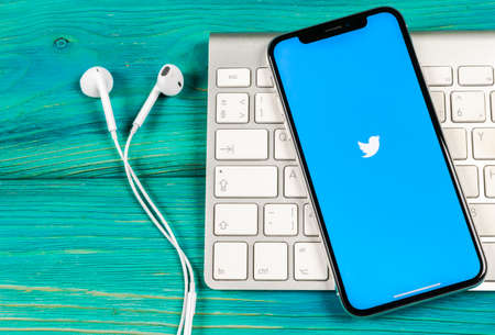 Sankt-Petersburg, Russia, June 2, 2018: Twitter application icon on Apple iPhone X smartphone screen close-up. Twitter app icon. Social media icon. Social networkのeditorial素材