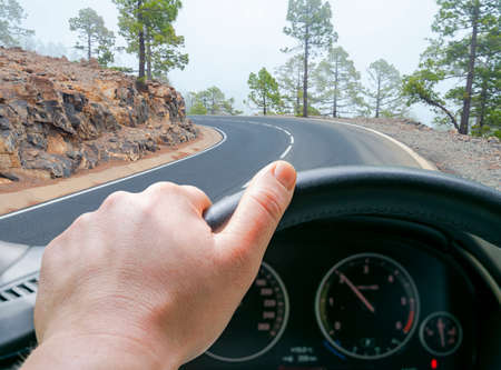 Male hands holding car steering wheel. Hands on steering wheel of a car driving on road near the lake. Man driving a car inside cabin. Modern car interior details. Car detailing.の写真素材