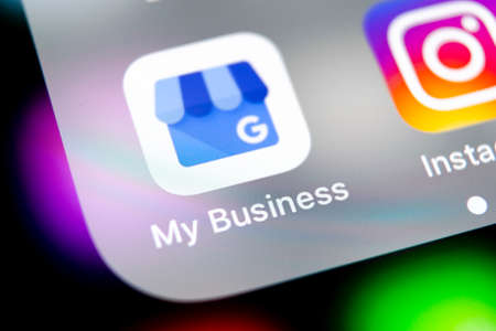 Sankt-Petersburg, Russia, August 10, 2018: Google My Business application icon on Apple iPhone X screen close-up. Google My Bysiness icon. Google My business application. Social media networkのeditorial素材
