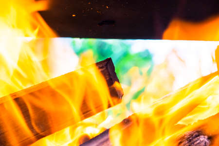 Burning firewood in the fireplace close up, BBQ fire, charcoal background. Charcoal fire with sparks