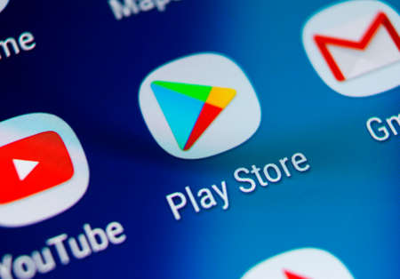 Sankt-Petersburg, Russia, August 19, 2018: Play store application icon on Samsung Galaxy S9...