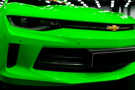 Sankt-Petersburg, Russia, July 21, 2017: Front view of a green Chevrolet Camaro 2017. Car exterior details.のeditorial素材