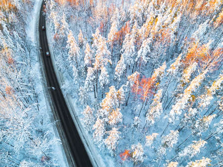 Aerial view of a car on winter road in the forest. Winter landscape countryside. Aerial photography...