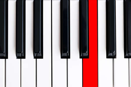 Top view of piano keys. Close-up of piano keys. Close frontal view. Piano keyboard with selective focus. Top view. Piano keyboard perspective with red button. Soft ligtingの写真素材