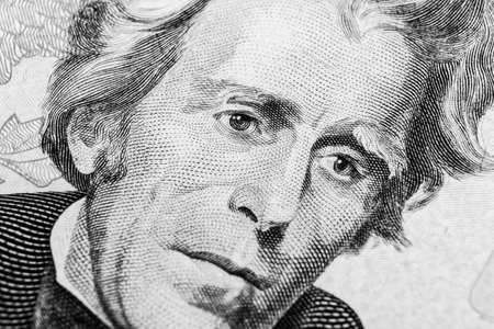 Close up view Portrait of Andrew Jackson on the one twenty dollar bill. Background of the money. 20 dollar bill with Andrew Jackson eyes macro shot. Money background. Face portrait. Black and whiteの写真素材