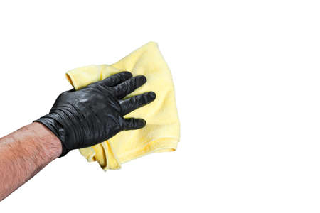 Washing concept. A male man hand with cloth isolated on white background. Worker cleaning. Cleaning with cloth, foam and brush. Cleaning concept. Hand in black protective rubber gloveの写真素材