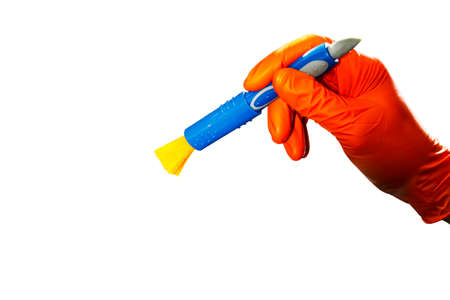 Washing concept. A male man hand with brush isolated on white background. Worker cleaning. Cleaning...