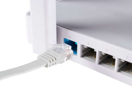 Wireless Wi-Fi router isolated on white background. wifi technology concept. White wireless internet...