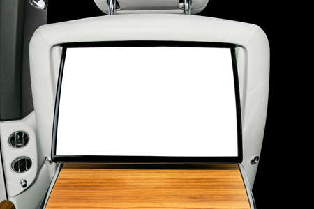 Monitor in car with isolated blank screen use for navigation maps and GPS. Isolated on white . Car detailing. Car display with blank screen. Modern car interior details. Mock upの写真素材