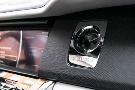 Monte-Carlo, Monaco, February 24, 2019: The new Rolls Royce Cullinan logo in black and white...