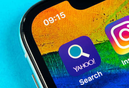 Helsinki, Finland, May 4, 2019: Yahoo search application icon on Apple iPhone X smartphone screen...